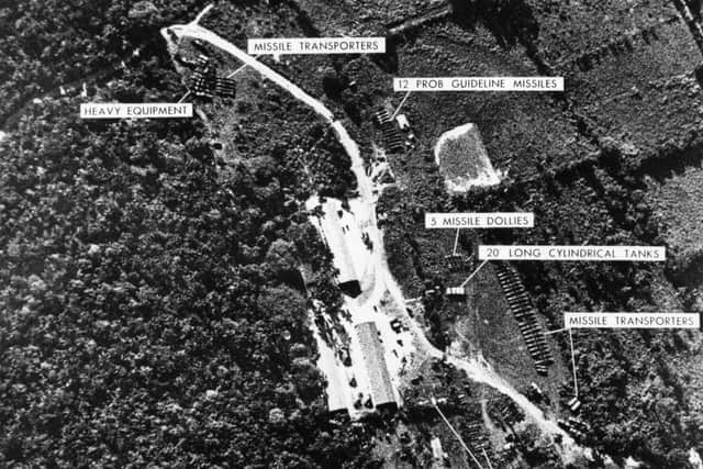 WASHINGTON - OCTOBER 24, 1962:  (EDITORIAL USE ONLY)  (FILE PHOTO)  A photograph of a ballistic missile base in Cuba was used as evidence with which U.S. President John F. Kennedy ordered a naval blockade of Cuba during the Cuban missile crisis October 24, 1962. Former Russian and U.S. officials attending a conference commemorating the 40th anniversary of the missile crisis October 2002 in Cuba said that the world was closer to a nuclear conflict during the 1962 standoff between Cuba and the U.S., than governments were aware of.  (Photo by Getty Images)