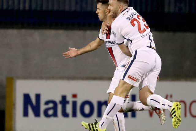 Nedas Maciulaitis celebrates scoring for Coleraine during his first Premiership stint