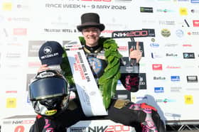 Newcomer Storm Stacey celebrates winning the feature North West 200 Superbike race on Saturday for a double. (Photo Stephen Davison/Pacemaker Press)