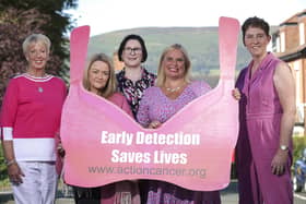 Action Cancer ambassadors who had their breast cancer detected by the charity’s breast screening service: Pat Simpson, Sharon McCrory, Pamela Brady, Joanne Henderson and Pauline McCauley