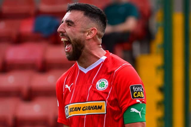 Joe Gormley of Cliftonville celebrates his second goal and Cliftonville's third during this afternoon's game at Solitude, Belfast. PIC: Andrew McCarroll/ Pacemaker Press