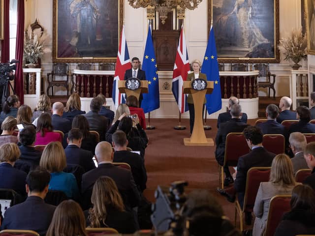 Under the Windsor deal, signed above in February, in return for some token improvements in the arrangements – which aren’t working well in real life – the UK actively agreed to the EU’s world view for Northern Ireland, one based on alignment and EU law (Photo by Dan Kitwood/Getty Images)