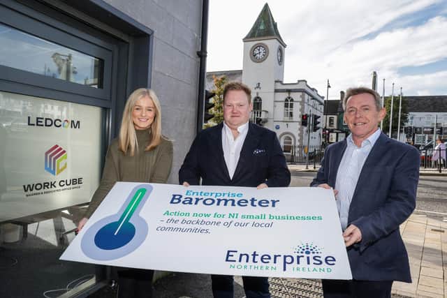 Pictured at LEDCOM’s Work Cube in Ballyclare ahead of the announcement of the findings of the 2023 NI Enterprise Barometer today are Catherine Anderson, business and marketing executive, LEDCOM, Scott Wylie, co-founder of LEDCOM client Sevenvideo.io and Michael McQuillan, CEO of Enterprise NI. LEDCOM is one of 27 local enterprise agencies represented by Enterprise NI, organisers of the annual NI Enterprise Barometer Survey. 850 micro and small businesses across NI responded this year, with 73% of the businesses being based outside of a city