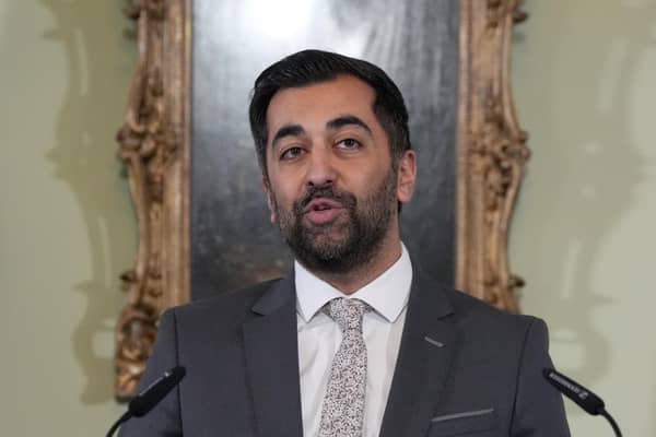 First Minister Humza Yousaf speaks during a press conference at Bute House, his official residence in Edinburgh