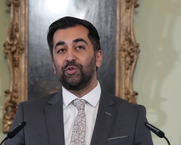 First Minister Humza Yousaf speaks during a press conference at Bute House, his official residence in Edinburgh
