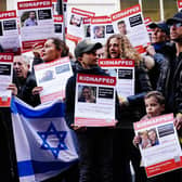 A protest in London last month calling for the release of Israeli hostages kidnapped by Hamas. All hostages must be released now, without conditions, writes UUP leader Doug Beattie, while a strategic pause in the Israeli ground and air offensive could allow for increased humanitarian aid and help create safe zones