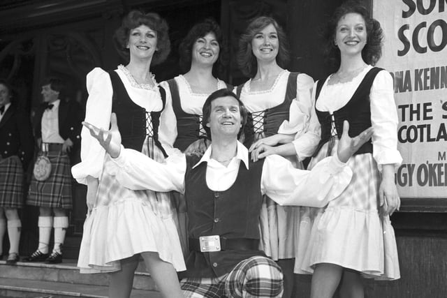 Scottish entertainer Peter Morrison, resplendent in tartan trews, with some of the dancers from his show "Songs of Scotland' which played in May 1980.