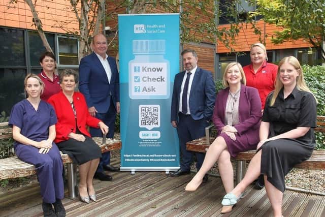 Health Minister Robin Swann with Chief Medical Officer Prof Sir Michael McBride and a variety of healthcare staff involved in the new campaign to help ensure medication is used and administered safely across Northern Ireland