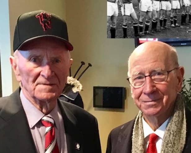 The son of Harry Gregg (left) has paid tribute to Manchester United legend Sir Bobby Charlton following his passing
