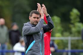 Linfield's manager David Healy applauds his sides supporters after today's game at Lakeview Park, Loughgall.  Photo by David Maginnis/Pacemaker Press