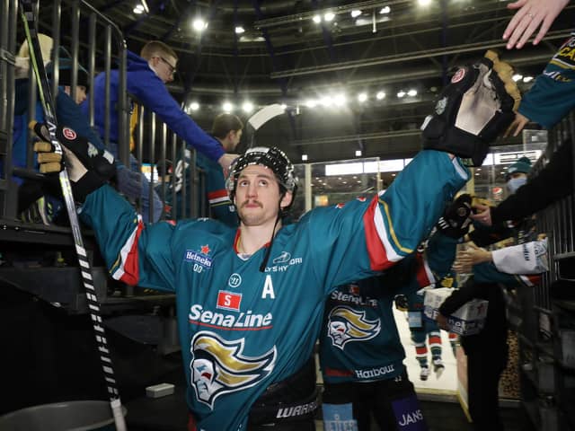 Belfast Giants' man of the match Ben Lake at Saturday nights Elite Ice Hockey League game at the SSE Arena, Belfast.  Photo by Photo by Darren Kidd/Presseye
