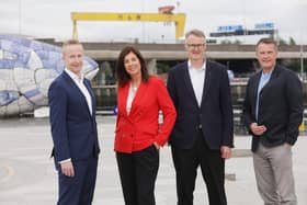 Belfast-based Displaynote has announced the acquisition of the company to Volaris Group. Pictured are Niall Devlin, head of business banking NI at Bank of Ireland, Denise Sidhu, partner, Kernel Capital, William McCulla, Invest NI’s director of corporate finance and Paul Brown, founder and CEO of DisplayNote