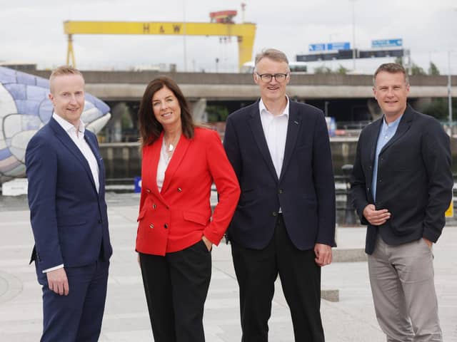 Belfast-based Displaynote has announced the acquisition of the company to Volaris Group. Pictured are Niall Devlin, head of business banking NI at Bank of Ireland, Denise Sidhu, partner, Kernel Capital, William McCulla, Invest NI’s director of corporate finance and Paul Brown, founder and CEO of DisplayNote
