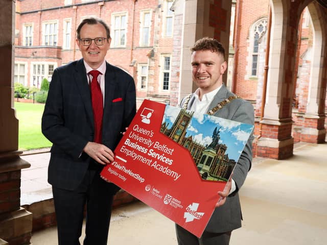 President and vice-chancellor of Queen’s University Belfast, professor Ian Greer is pictured with Belfast Lord Mayor councillor Ryan Murphy at Queen’s University, Belfast to launch a new Business Services Employment Academy, which will give 15 people living in Belfast, with few or no qualifications, the opportunity to secure an administrative role in the university (Press Eye Ltd)