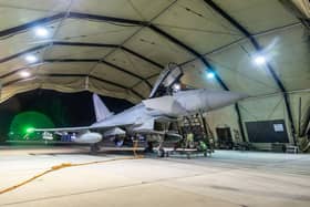 An RAF Typhoon aircraft after a strike mission on Yemen's Houthi rebels