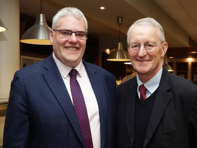 DUP interim leader Gavin Robinson meeting the Labour Shadow NI Secretary Hilary Benn at a DUP business breakfast last week. ​How can Mr Robinson justify inviting Hillary Benn to a DUP fundraiser? ​​​​​​Didn't he fly in from England?