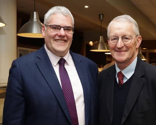 DUP interim leader Gavin Robinson meeting the Labour Shadow NI Secretary Hilary Benn at a DUP business breakfast last week. ​How can Mr Robinson justify inviting Hillary Benn to a DUP fundraiser? ​​​​​​Didn't he fly in from England?