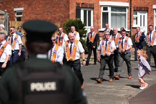 Press Eye - Belfast - Northern Ireland - 25th June 2022: Members of the Orange Order and marching bands pictured at Workman Avenue in Belfast as they take part in the annual ‘Whiterock Parade’ in west Belfast