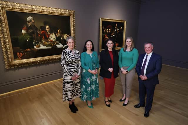 Kathryn Thomson, Chief Executive of National Museums NI, Minister Catherine Martin TD Department for Tourism, Culture, Arts, Gaeltacht, Sport and Media, Deputy First Minister Emma Little-Pengelly MLA, Junior Minister Aisling Reilly MLA, Gordon Milligan OBE Chair of National Museums NI, attending the opening of the exhibition of two paintings by the Italian painter Caravaggio, The Supper At Emmaus and The Taking Of Christ, at the Ulster Museum in Belfast