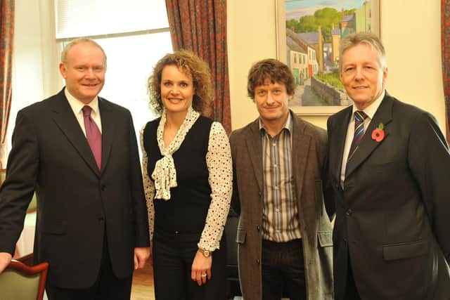 Noel and Lynne Hanna meet First Minister Peter Robinson and his deputy Martin McGuinness after becoming the first married couple to scale the heights of Mount Everest