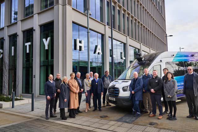Belfast cyber security specialist Angoka has provided active protection for the operation of the Sunderland Advanced Mobility Shuttle (SAMS), marking a significant milestone in the city's journey towards self-driving transportation. Pictured is Angoka director Richard Barrington with members of the SAMS consortium