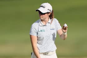 Ireland's Leona Maguire acknowledges fans after a putt on the 18th green during the third round of the KPMG Women's PGA Championship on Saturday