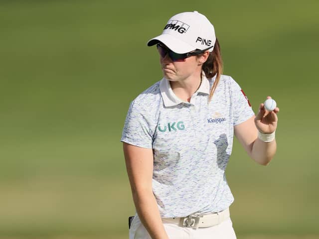 Ireland's Leona Maguire acknowledges fans after a putt on the 18th green during the third round of the KPMG Women's PGA Championship on Saturday