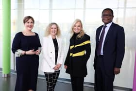 U.S. ambassador announces Bank of America-funded programme at Belfast Met to bring 600 people into digital training and advance social inclusion. Pictured are Moira Doherty, Department for the Economy, Louise Warde Hunter, Belfast Met, U.S ambassador to the UK, Jane D. Hartley and Bernard Mensah, Bank of America