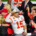 Kansas City Chiefs quarterback Patrick Mahomes celebrates victory following Super Bowl LVII held at State Farm Stadium in Glendale. (Photo by Anthony Behar/PA Images)