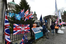 A protest at Belfast City Hall in 2020 to mark the eighth anniversary of the Union Flag protests