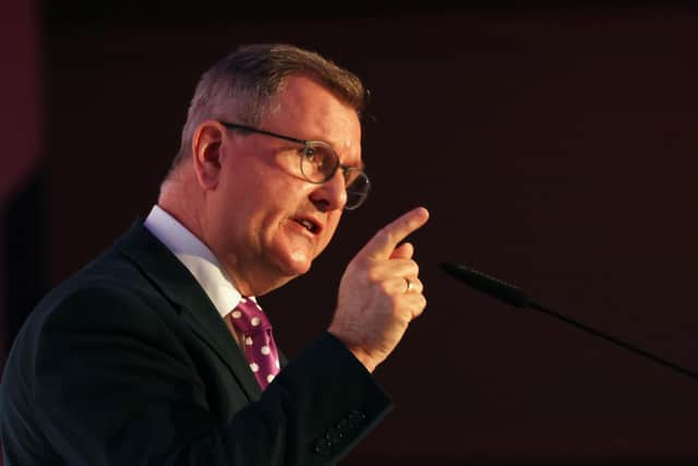 DUP party leader Sir Jeffrey Donaldson addresses delegates at their party conference at the Ramada Hotel in Belfast. Picture date: Saturday October 8, 2022.