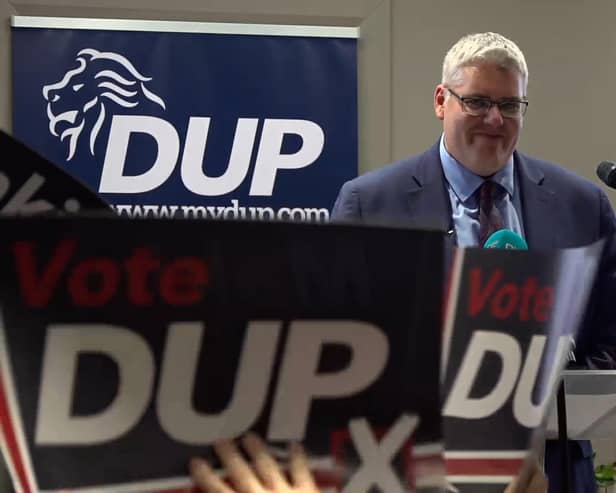 Gavin Robinson speaking during a DUP meeting in Lisburn, where he was ratified as the party's new leader