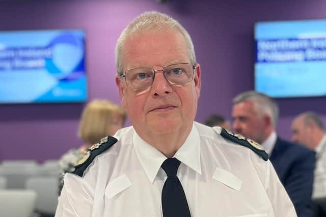 PSNI Chief Constable Simon Byrne at Thursday’s Policing Board meeting in Belfast