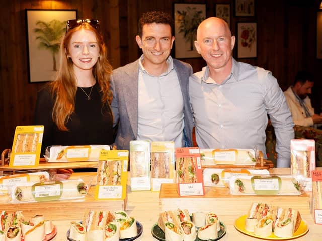 Newry firm now supplying an increased range of M&S food-to-go sandwich offering on island of Ireland. Showcasing the M&S own label range from Around Noon are Eddie Murphy, M&S trading director for Ireland and Northern Ireland with Around Noon’s NPD manager, Victoria Laverty and sales director, Philip Morgan