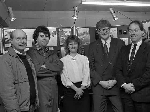 Pictured at the end of February 1992 are staff members of Securior Communications, from left, Frank Finlay, Iain Smith, Heather Burgess, Michael Hall and Des Garland. Securior were suppling a cellular interface which, in effect, converted the cellphone to a normal BT line which meant that telephone answering machines, fax machines and many other devices could be run from a cellphone. Picture: News Letter archives