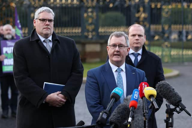 (Left to right) Deputy Leader of the DUP Gavin Robinson, Leader of the DUP Sir Jeffrey Donaldson and Gordon Lyons speak to media outside Hillsborough Castle after talks between Northern Ireland Secretary Chris Heaton-Harris and the main political parties. Photo: Liam McBurney/PA Wire