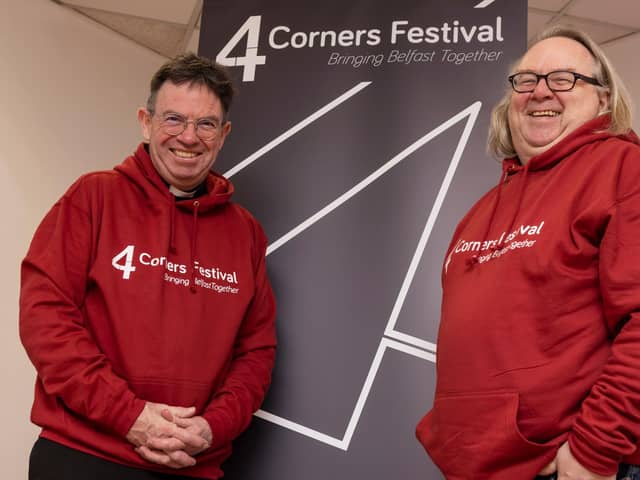 Rev Steve Stockman, right, has been awarded an MBE for services to reconciliation. He is pictured with Fr Martin Magill, with whom he has run the 4 Corners Festival in Belfast since 2012.