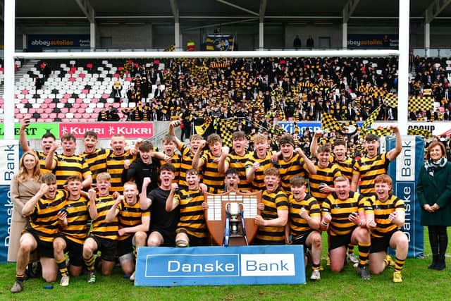 Players of RBAI celebrate winning the 2023 Danske Bank Schools' Cup