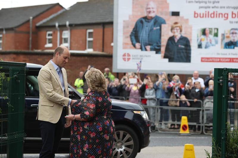 The Prince of Wales is greeted by Dame Fionnuala Mary Jay-O'Boyle ahead of 
a visit to the East Belfast Mission at the Skainos Centre, Belfast, as part of his tour of the UK to launch a project aimed at ending homelessness. Picture date: Tuesday June 27, 2023. PA Photo. William has set his sights on making rough sleeping, sofa surfing and other forms of temporary accommodation a thing of the past with his initiative called Homewards. The five-year project will initially focus on six locations, to be announced during Monday and Tuesday, where local businesses, organisations and individuals will be encouraged to join forces and develop "bespoke" action plans to tackle homelessness with up to £500,000 in funding. See PA story ROYAL Homeless. Photo credit should read: Liam McBurney/PA Wire:-