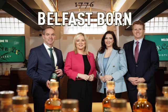 McConnell’s Distillery and Visitor Experience officially opened its doors at Crumlin Road Gaol today. Pictured US Special Economic Envoy Joe Kennedy, First Minister Michelle O'Neill, deputy First Minister Emma Little Pengelly, John Kelly, CEO Belfast Distillery Company. Credit: PressEye