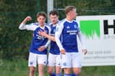 Jude Johnson celebrates scoring for Glenavon. (Photo by Alan Weir/Pacemaker Press)