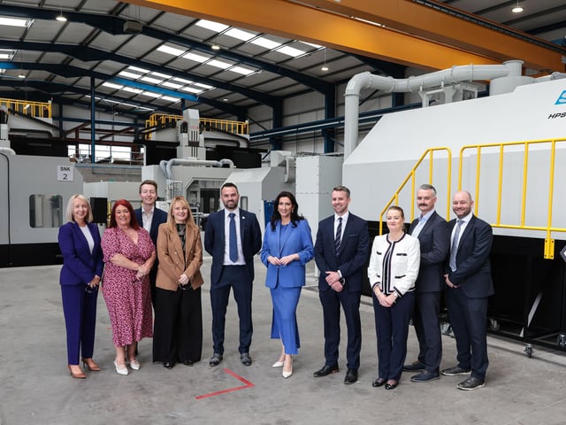Representatives of ADS (NI), Invest Northern Ireland, Boeing and Airbus alongside dFM, Emma Little-Pengelly are Adam Hylands, business development manager and Joel Best, operations director. (LtoR) Helen Coyle, Invest Northern Ireland, Donna Hamilton, Boeing, Joesph Reffitt, ADS NI, Deborah Walls, Airbus, Adam Hylands SAM NI, Emma Little-Pengelly dFM, Joel Best, SAM NI, Deborah Walls, Airbus, Kevin Brien ADS (NI) and Jamie McCloskey, Invest Northern Ireland