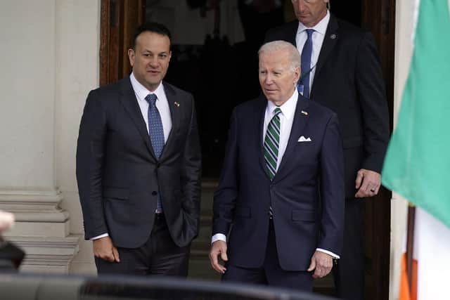 US President Joe Biden with Taoiseach Leo Varadkar as he departs Farmleigh House, Dublin, on day three of his visit to the island of Ireland
