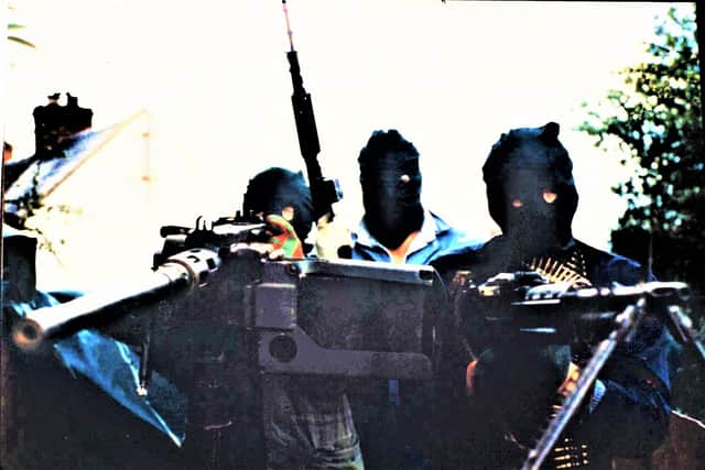PACEMAKER BELFAST  - IRA gunmen with heavy machine guns mounted on the back of a lorry as they prepare to attack an army helicopter in South Armagh.
PIC TAKEN 19/07/89