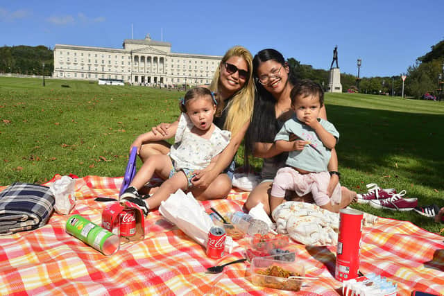 Belfast weather forecast for the coming days suggests the sun will be here for a little longer. Mary grace Cholewinski ,Ewa Cholewinski 
Cara  and Abby Meenan from Newtownabbey pictured enjoying the sunshine at Stormont