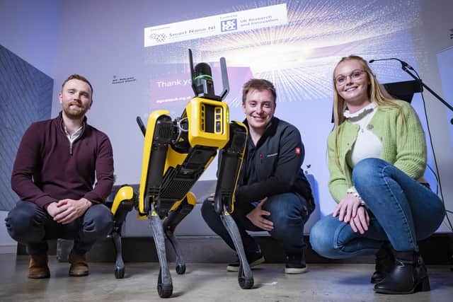 Brendan Lowry - Digital Catapult, Ruari Telford, Leica Geosystems and Jenny Gregg, Vikela Armour with Spot the Dog and Leica's laser scanning module for robots