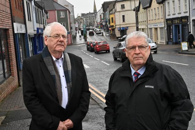 Omagh bomb campaigners Michael Gallagher (left) and Stanley McCombe on Campsie Street, Omagh, close to the site of the 1998 bombing. Northern Ireland Secretary Chris Heaton-Harris has said he intends to establish an independent statutory inquiry into the 1998 Omagh bombing. Picture date: Thursday February 2, 2023.