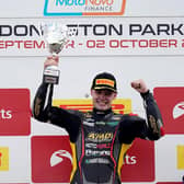 Richard Kerr celebrates his second victory of the season at the penultimate round of the National Superstock 1000 Championship at Donington Park.