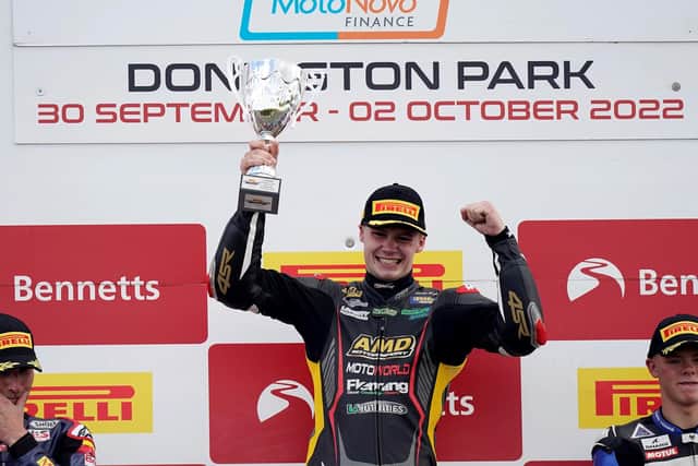 Richard Kerr celebrates his second victory of the season at the penultimate round of the National Superstock 1000 Championship at Donington Park.
