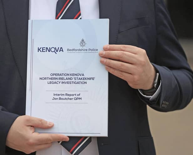The front cover of the Operation Kenova Interim Report into Stakeknife, the British Army's top agent inside the IRA in Northern Ireland during the Troubles, at Stormont Hotel in Belfast. Kenova has probed the activities of the agent Stakeknife within the Provisional IRA. Stakeknife was part of the terror group's internal security unit and Kenova examined crimes such as murder and torture, and the role played by the security services, including MI5